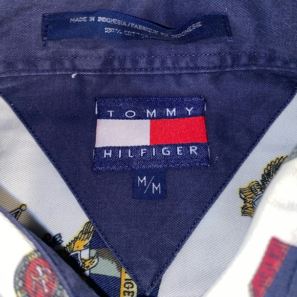 Vintage Tommy Hilfiger Crest Print Button Down Shirt 90s All Over Cotton M - Picture 5 of 10